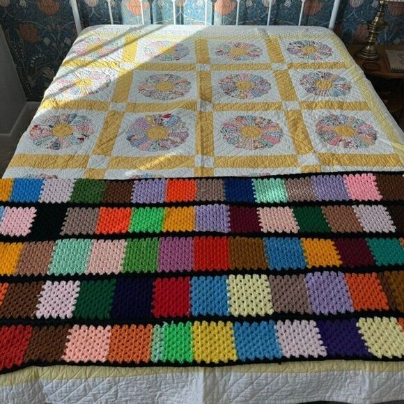 Vintage Handmade Crochet Rainbow Retro Wool Patchwork Afghan Throw Blanket - Picture 6 of 6